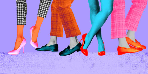 Poster. Contemporary art collage. Women and men dancing dressed retro clothes Bright comics style design. Poster. Contemporary art collage. Women and men dancing dressed retro clothes Bright comics style design. Concept of pop art, disco, party, retro fashion, happy and fun, creativity. fashionista stock pictures, royalty-free photos & images