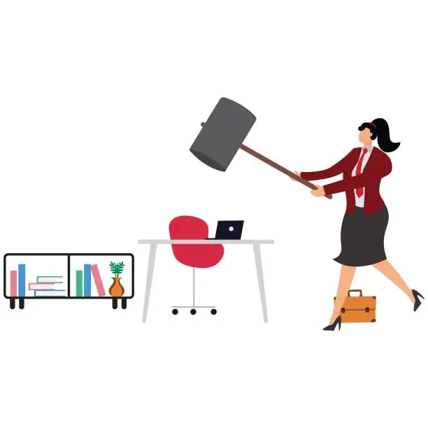 Vector illustration of Hammer crashing workplace in office, Businesswoman with hammer crashing workplace in office