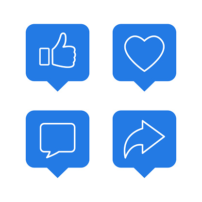 Like, love, comment, and share icons. Social media blue design elements stock illustration.