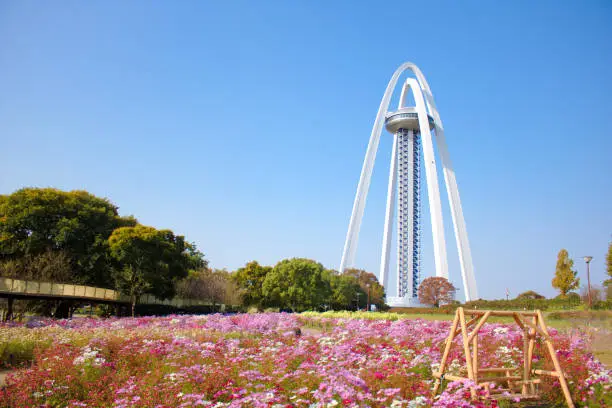 138 Tower Park in Ichinomiya City, Aichi Prefecture.

In the park, there is an observation tower "Twin Arch 138" with two beautiful arches 138 meters high.

This park is also famous for its flower fields, and beautiful flowers such as roses and cosmos are planted every season.
