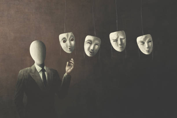 illustration of businessman without face choosing the right mask to wear, surreal identity concept