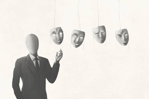 illustration eines geschäftsmannes ohne gesicht, der die richtige maske zum tragen wählt, surreales identitätskonzept - hypocrisy stock-grafiken, -clipart, -cartoons und -symbole