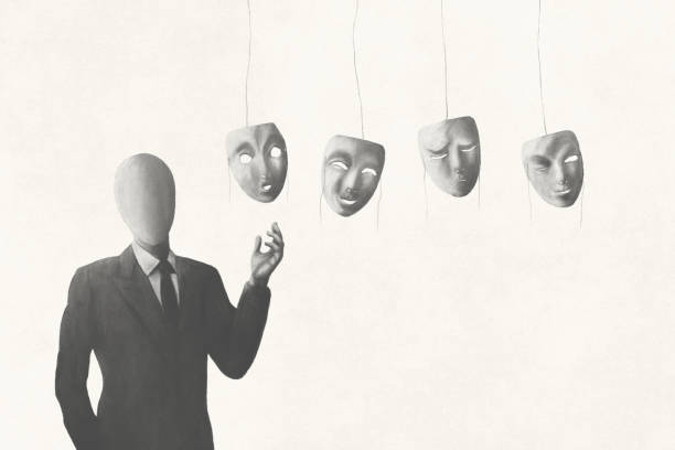 ilustrações de stock, clip art, desenhos animados e ícones de illustration of businessman without face choosing the right mask to wear, surreal identity concept - hypocrisy