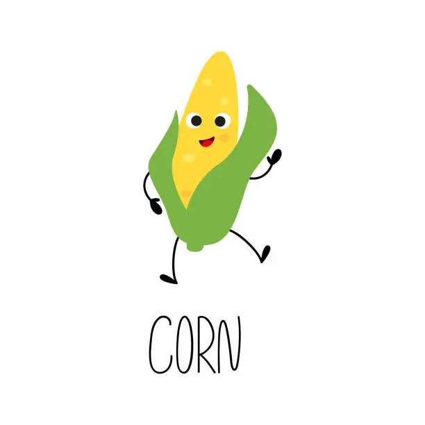 Vector illustration of Hand drawn funny corn character. Card with vegetable name. Vector illustration