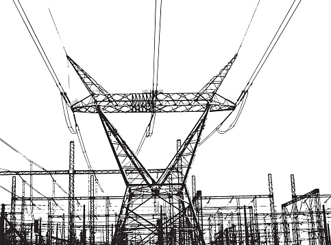 Electricity pylon and cables at a major electric grid installation. Adapted from a photograph by the contributor.