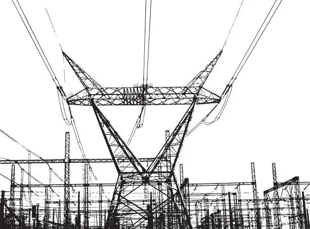 Vector illustration of Dramatic electricity power pylon reaching into the sky, with complex equipment at the bottom of the image