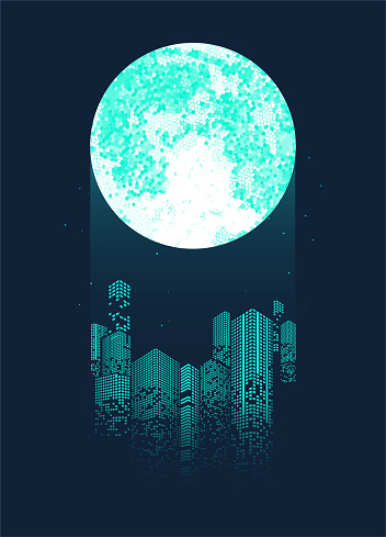Smart building concept design with moon in sky. Graphic concept for your design.