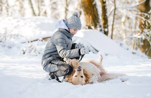 Teenage Girl Plays With Golden Retriever In Snowy Forest, Sitting With Dog