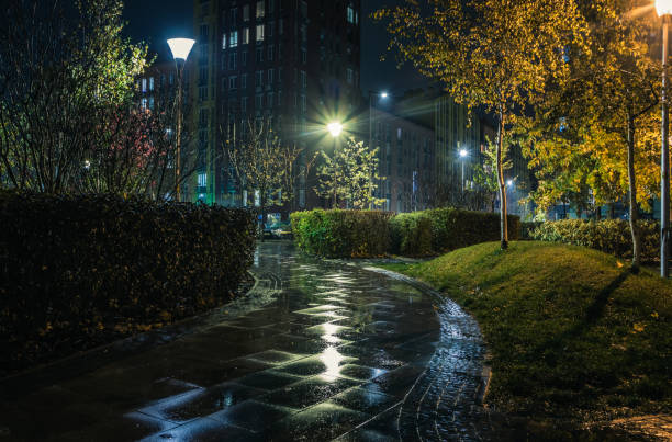 istock Night park paths and colored houses on a rainy autumn night. Night paths, benches, lanterns in a beautiful residential complex. Night autumn park with lanterns, benches, yellow leaves. Kyiv. Ukraine 1830066718