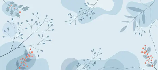 Vector illustration of Abstract winter background with natural line arts. Vector template with flowers, botanical leaves and ilex branches