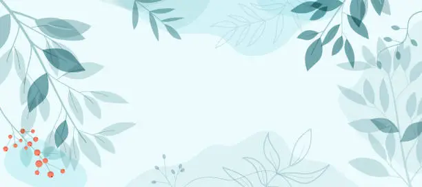 Vector illustration of Abstract winter background with natural line arts. Vector template with flowers, botanical leaves and ilex branches