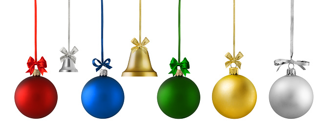 Christmas colorful Balls and bells hanging on a ribbon isolated on a white background