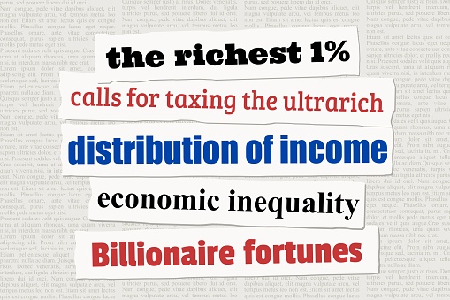 Wealth inequality and distribution of income. Global ultrarich millionaire social problem. News headlines from newspapers.