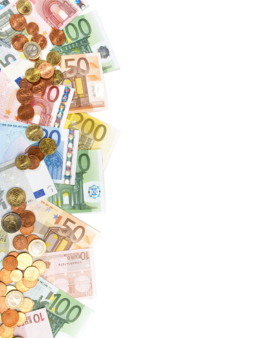 Money - Banknotes and Coins Panorama on white Background