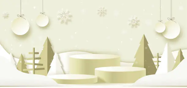 Vector illustration of Winter product banner, podium platform with pine tree shapes and snowflakes