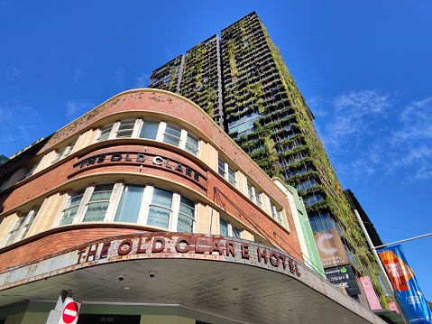 View of the art deco Old Clare Hotel in Sydney, New South Wales.