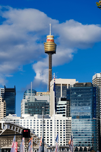 View of the tall Sydney Tower, also known as Centrepoint Tower. It stands 309 m above the Sydney central business district (CBD), located on Market Street.