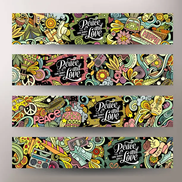 Vector illustration of Hippie cartoon doodle banners set