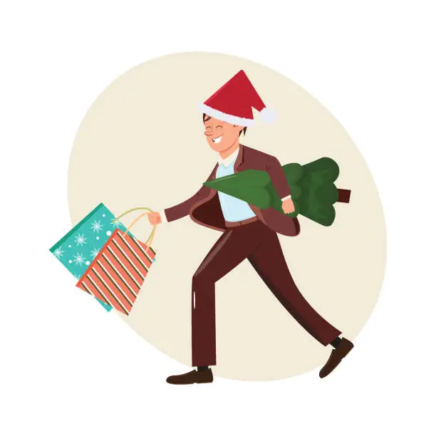 Vector illustration of Cartoon illustration of running man carrying a Christmas tree and gifts