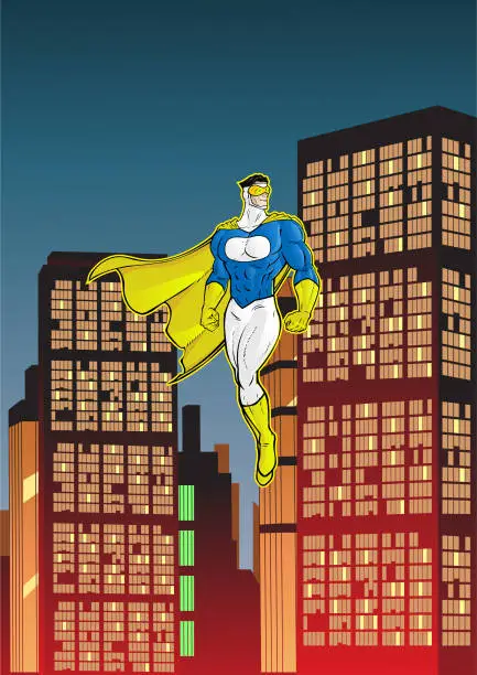 Vector illustration of Vector Cartoon Pop Art Superhero Flying Floating in a City Stock Illustration