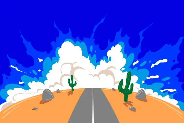 Vector illustration of Beautiful road going into the distance against the backdrop of clouds  and cacti on the side of the road. Hand drawn cartoon vector illustration