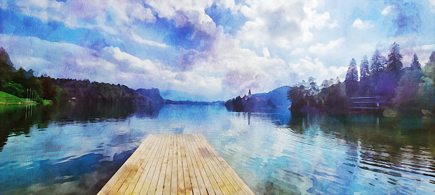 Watercolor effect on a real photo of the Bled lake, a hardwood pier in the foreground and the Island with a white church of the Assumption with dark blue mountains in the background. Watercolor effect on a real photo