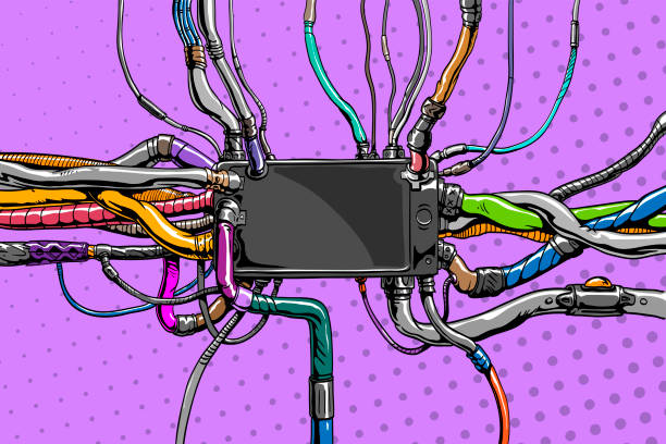 Artificial intelligence self-portrait. Cyberpunk backgrounds. Comics style layout template. Design industry for posters, placards, banners, flyers. Hand drawn vector illustration. Artificial intelligence self-portrait. Cyberpunk backgrounds. Comics style layout template. Design industry for posters, placards, banners, flyers. Hand drawn vector illustration. robot wires stock illustrations