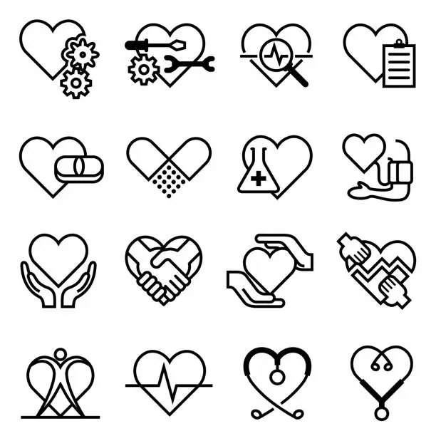 Vector illustration of Healthcare and Medicine Heart Health Outline Icons