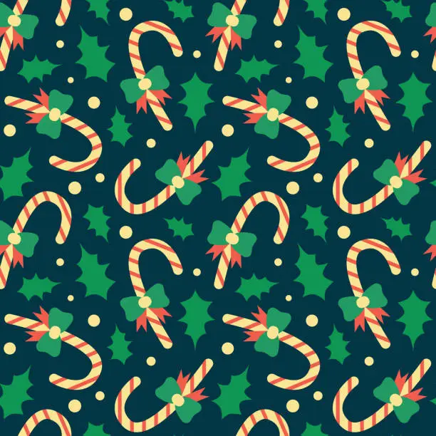 Vector illustration of Christmas seamless pattern with candy cane and holiday decorations. New Year vector illustration. Background with Christmas objects and holly leaf. Packaging paper and textile design.