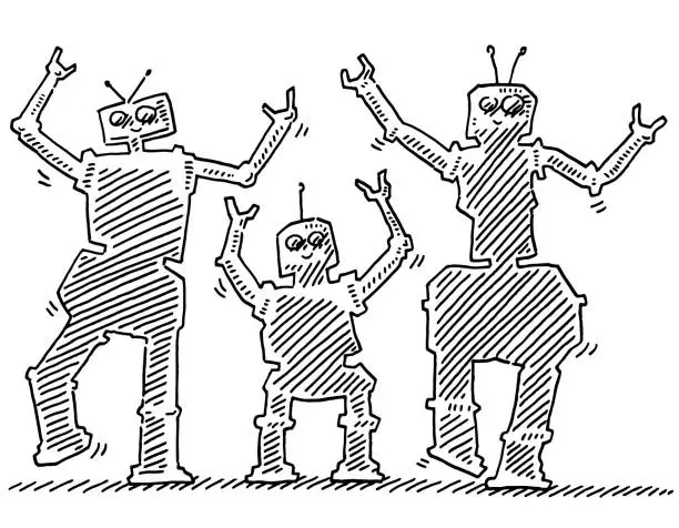 Vector illustration of Robot Family Drawing