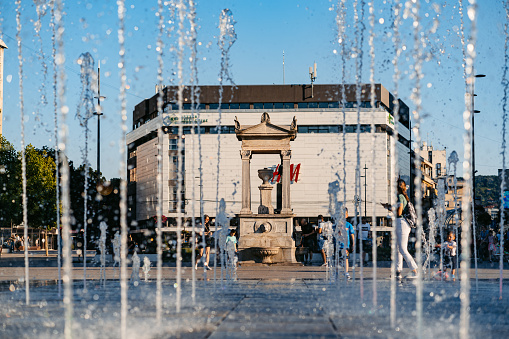 Nis, Serbia - June 30, 2023: Fountain on the town square in Nis