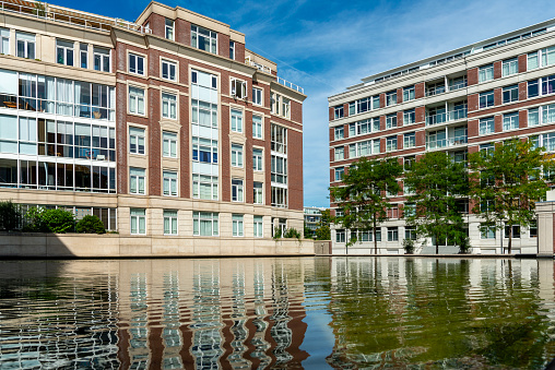 modern apartment buildings on Burgemeester de Monchyplein in the center of The Hague; The Hague, Netherlands