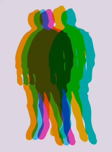 Vector illustration of glitch neon transparent effect people action stance pattern background,man in standing