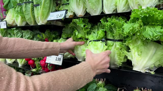A woman's hand chooses l-lettuce salad in a supermarket. An elderly Caucasian woman selects a fresh, organic, non-GMO salad in the produce section of a grocery store.