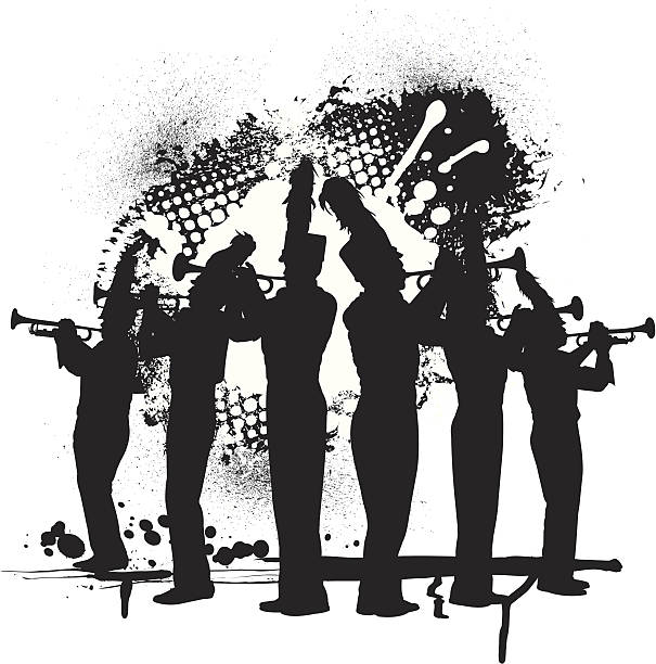 Trumpet Line Grunge Graphic Grunge graphic silhouette illustration of a Marching band Trumpet Line. Layered for easy edits. Check out my "Marching Band Vector" light box for more. pics of a marching band stock illustrations