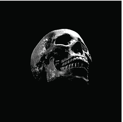 Engraving illustration of a human skull isolated on black.
