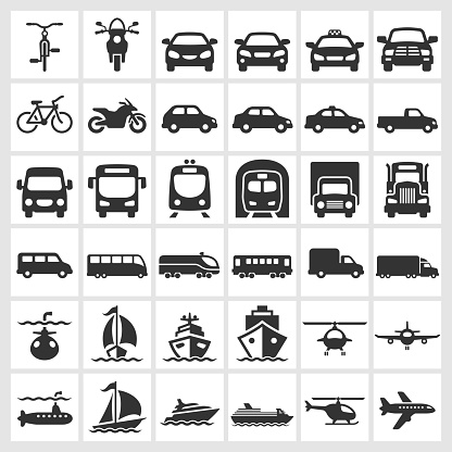 Transportation Vehicles Black & White Icon Set 