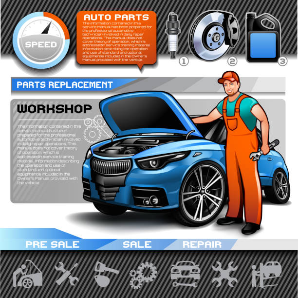 illustrazioni stock, clip art, cartoni animati e icone di tendenza di auto riparazione infografica set - adjustable wrench wrench clipping path red