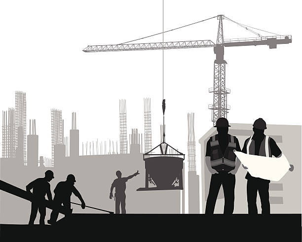 ilustraciones, imágenes clip art, dibujos animados e iconos de stock de workingtheplan - construction worker silhouette people construction