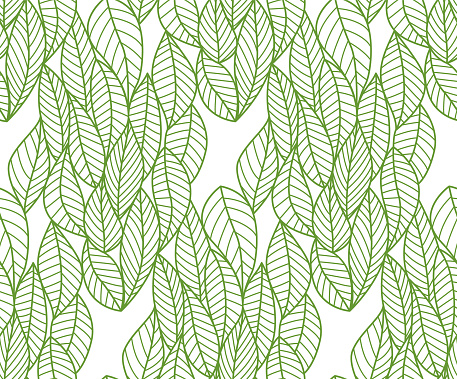 Seamless Pattern Of Line Art Leaves In Sketchy Style. Vector Botanical Background, Pattern Design For Prints And Texture Illustration. Abstract Natural Design For Fabric, Wallpaper, Textile, Packages, Wrapping Paper, Web Design.