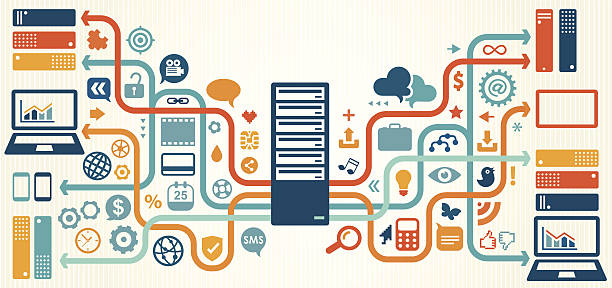 Illustration of data, server and storage elements Online Multiple Devices Data Storage - Linear Concept. Elements are on different layers - very easy to manipulate. supercomputer stock illustrations