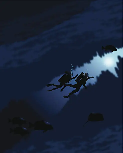 Vector illustration of Scuba Diver Couple in Cave with Fish - Background