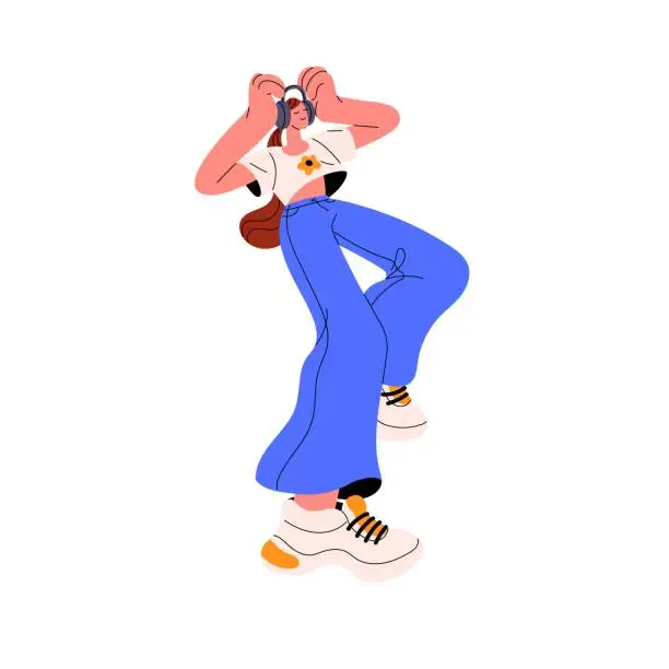 Vector illustration of Young woman dancing, listening to song in headphones. Happy girl hearing radio in earphones on the go, walking with mp3 player. People funny move with music. Flat isolated vector illustration on white