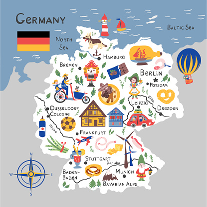 Germany map vector, european country geographic banner template, colorful illustration adventure, decorative travel card, symbol and buildings sign attraction for design touristic poster, background
