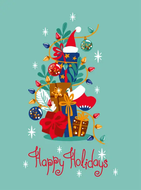 Vector illustration of Christmas tree made from gift boxes. Greting card
