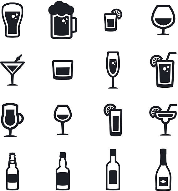 Alcohol Icons Black & white alcoholic drinks icons beer bottle illustrations stock illustrations
