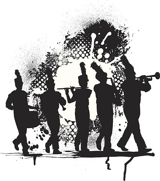 Marching Band Grunge Graphic Grunge graphic silhouette illustration of a Marching band. Layered for easy edits. Check out my "Marching Band Vector" light box for more. pics of a marching band stock illustrations