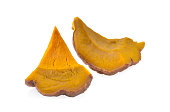 Slices of streamed pumpkin on white background.