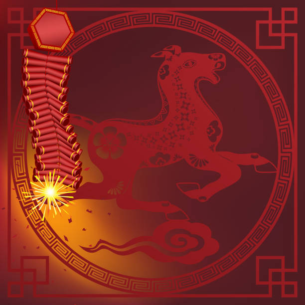 ilustrações de stock, clip art, desenhos animados e ícones de firecracker na frente do ano novo chinês moldura de cavalo - asian background flash