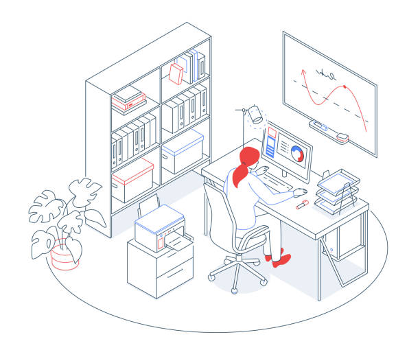 ilustraciones, imágenes clip art, dibujos animados e iconos de stock de sala de personal de la oficina - ilustración isométrica de estilo de diseño de línea moderna - outline desk computer office